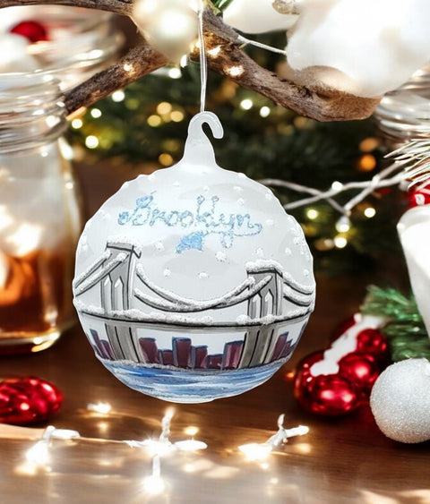 Frosted Blown Glass Ornament - Handcrafted - Brooklyn Bridge Design