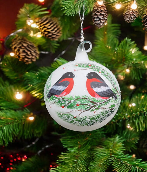 White Blown Glass Ornament - Handcrafted -  Charming Finches Design