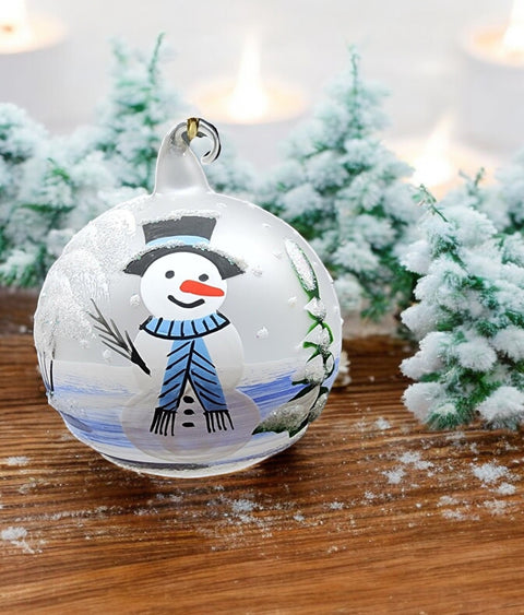 Frosted Blown Glass Ornament - Handcrafted -  Snowman Design