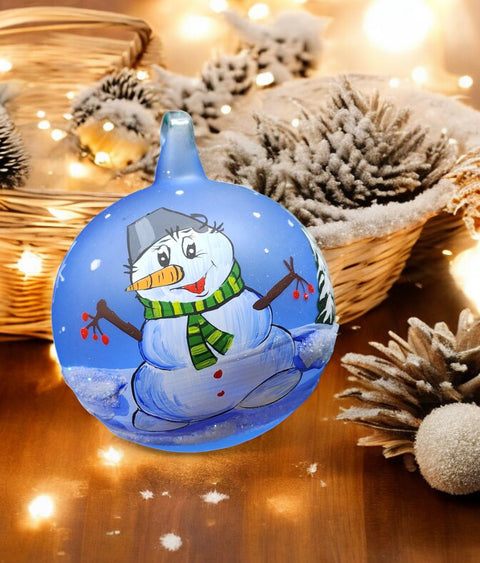 Light Blue Blown Glass Ornament - Handcrafted - Fat Snowman Design