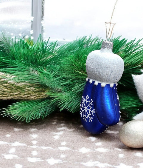 Hand Decorated Glass Keepsake Ornament - Charming Large Blue Mitten Design