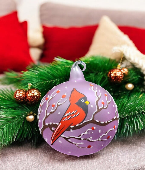 Lavender Blown Glass Ornament - Handcrafted - Red Cardinal Design