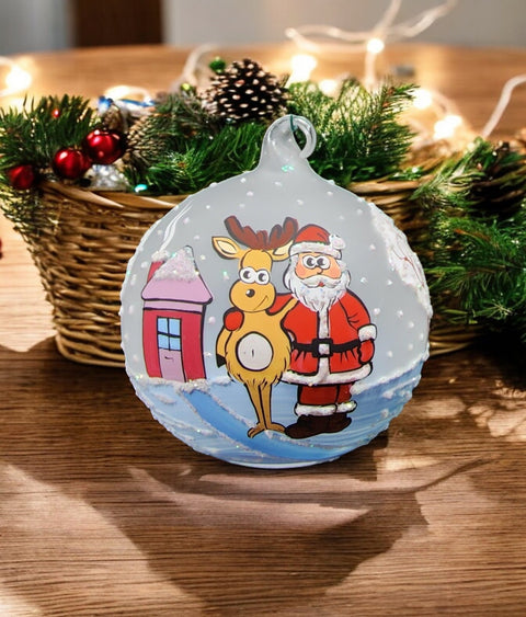 Frosted Blown Glass Ornament - Handcrafted - Santa N Reindeer Design