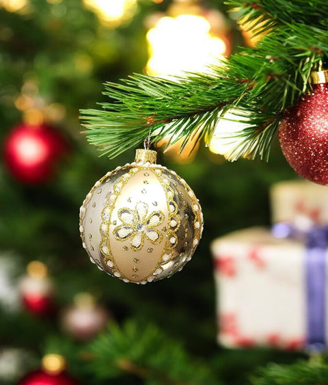 Gold Glass Ball Ornament Daisy Design