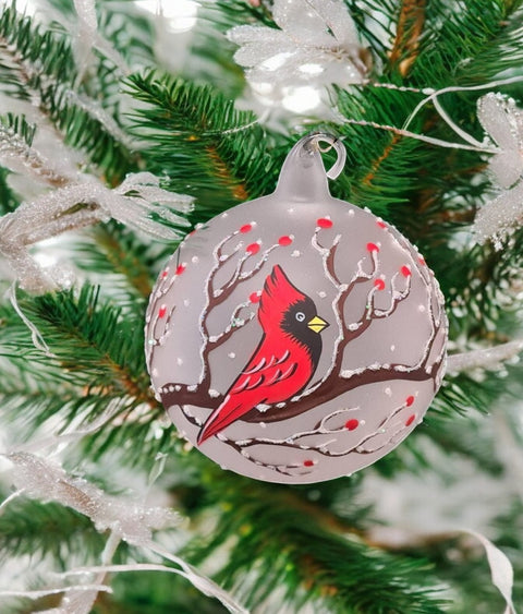 Frosted Blown Glass Ornament - Handcrafted - Red Cardinal Design