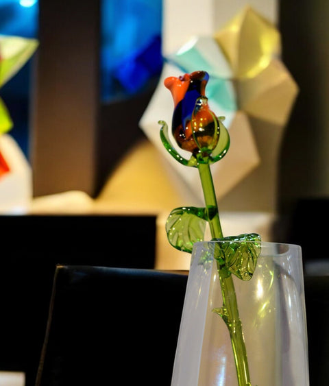 Blue & Orange Glass Rose, Handcrafted Glass Flower, Hand Made In Ukraine Using Murano Quality Glass, Great Gift For Flower Lovers, 12 Inch Rose