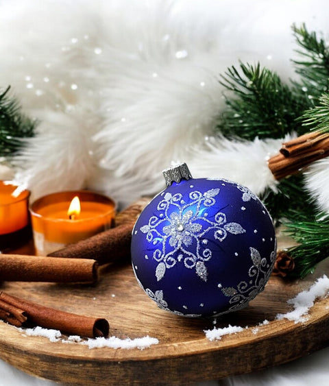 Snowflake Design Blue Glass Ball Ornament