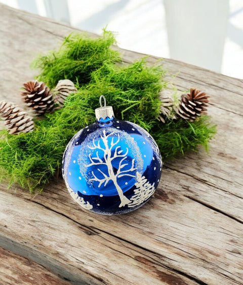 Blue Blown Glass Ornament - Winter Trees - Blue Glass Ornament - Hand Made In Ukraine - Hand Painted - Keepsake Ornament - Shiny Blue Ornament