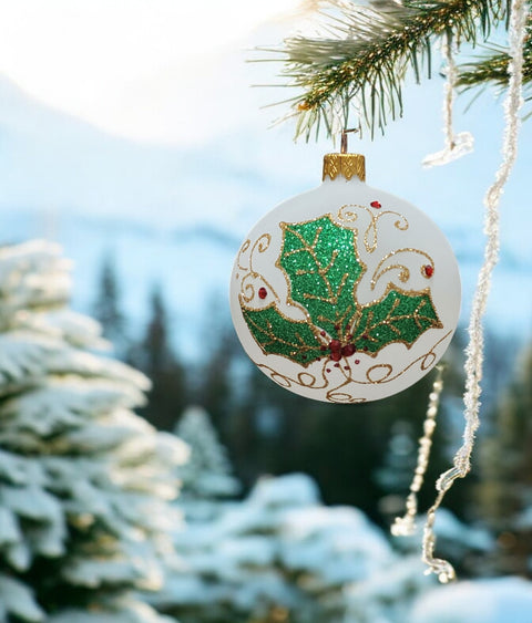 White Glass Ball Ornament Holly Design