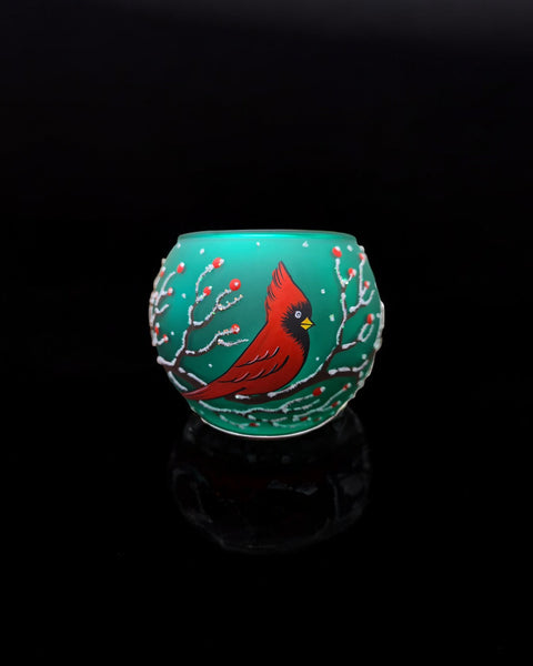 Small Green Glass Candle Holder, Hand Crafted in Ukraine, Cardinal, Wonderful Year Round