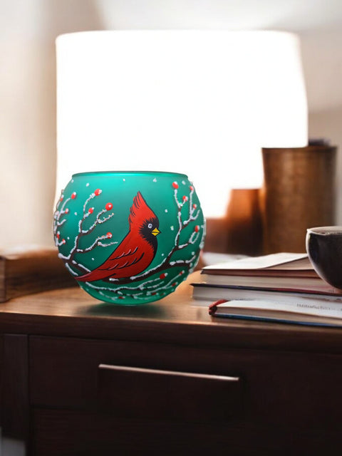 Green Glass Candle Holder - Red Cardinal- Multiple Sizes