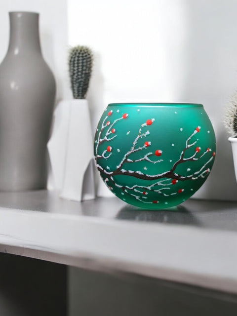 Green Glass Candle Holder - Red Cardinal- Multiple Sizes