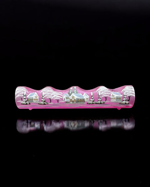 Pink Glass Quad Candle Holder, Hand Crafted in Ukraine, White Cabin Winter Wonderland, Wonderful Year Round