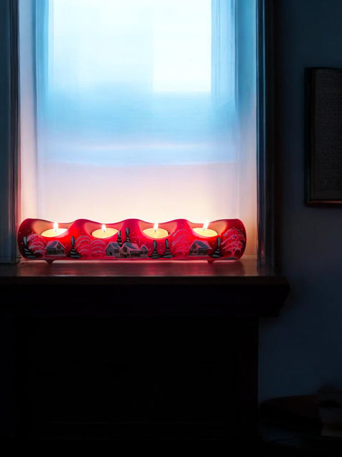 Red Glass Quad Candle Holder, Hand Crafted in Ukraine, White Cabin Winter Wonderland, Wonderful Year Round