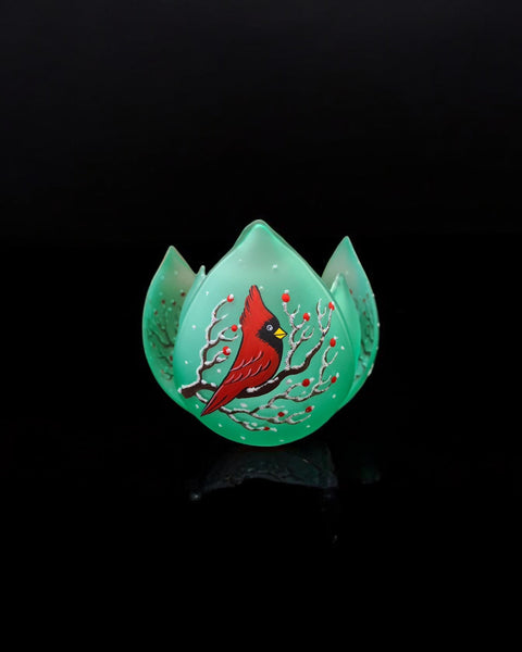 Green Glass Lotus Blossom Candle Holder  - Red Cardinal