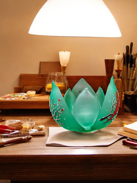 Green Glass Lotus Blossom Candle Holder  - Red Cardinal