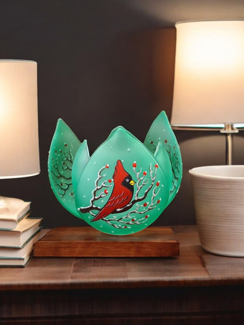 Green Glass Lotus Blossom Candle Holder  - Red Cardinal