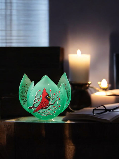 Green Glass Lotus Blossom Candle Holder  - Red Cardinal