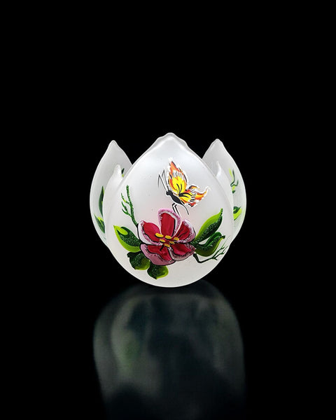Frosted Glass Lotus Blossom Candle Holder, Hand Crafted in Ukraine, Butterfly Design, Wonderful Year Round