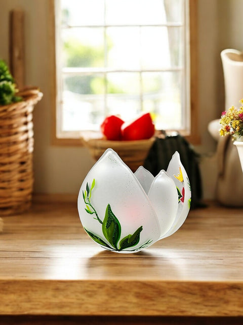 Frosted Glass Lotus Blossom Candle Holder - Butterfly Design