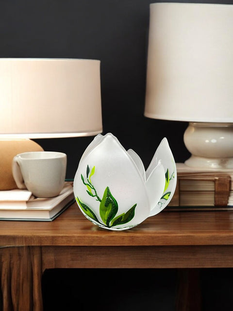 Frosted Glass Lotus Blossom Candle Holder  - Butterfly Design