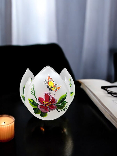 Frosted Glass Lotus Blossom Candle Holder  - Butterfly Design