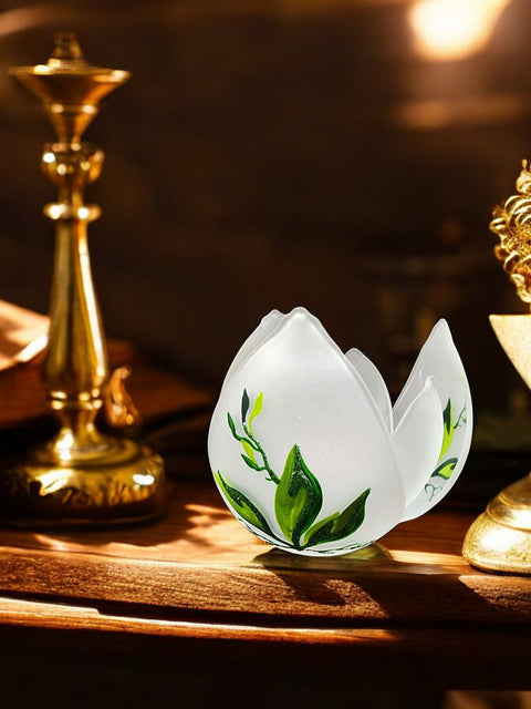 Frosted Glass Lotus Blossom Candle Holder - Butterfly Design