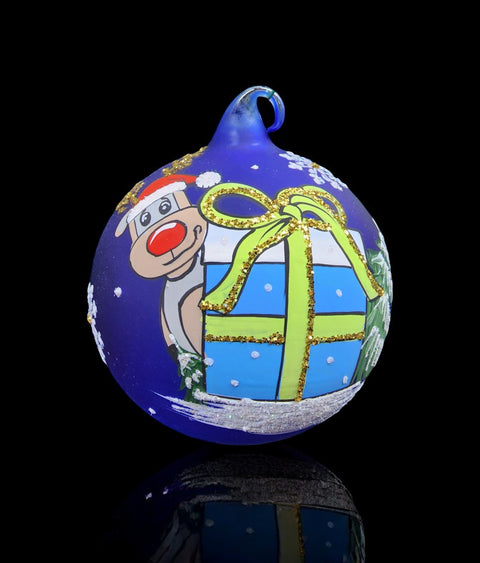 Blue Blown Glass Ornament - Handcrafted -  Reindeer Gift Design