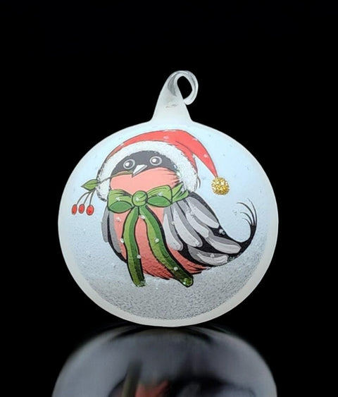 White Blown Glass Ornament - Finch In Christmas Hat - Made In Ukraine - European Christmas Bird - Keepsake Ornament