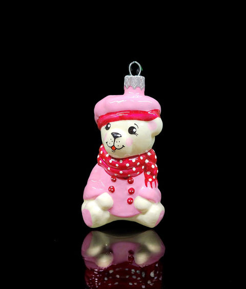 Hand Decorated Glass Keepsake Ornament - Charming Bear in Coat Design