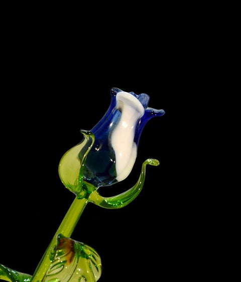 Blue And White Glass Rose - Handcrafted Long Stem Flower