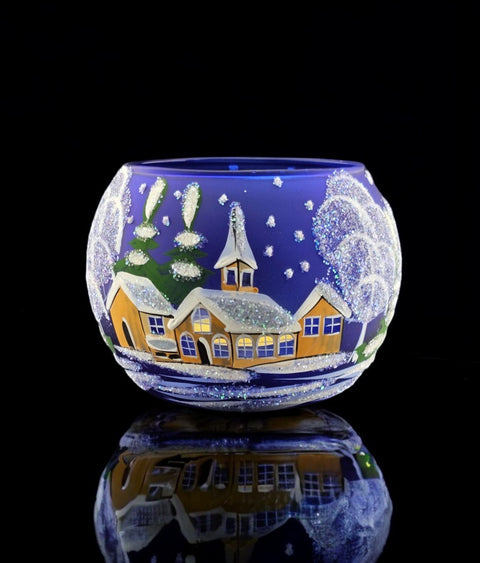 Large Blue Glass Candle Holder, Hand Crafted in Ukraine, Brown Cathedral Winter Wonderland, Wonderful Year Round