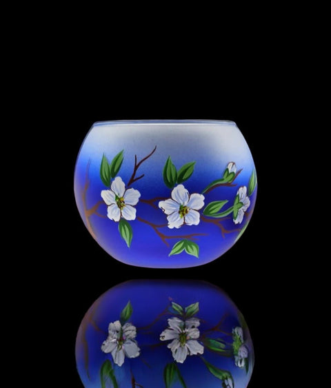 Blue Glass Candle Holder, Hand Crafted in Ukraine, Dogwood Flower Design, Wonderful Year Round