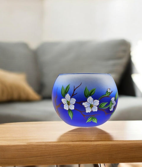 Blue Glass Candle Holder, Hand Crafted in Ukraine, Dogwood Flower Design, Wonderful Year Round