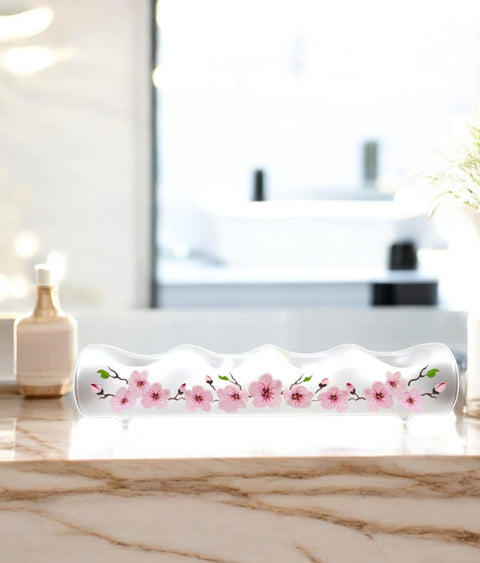 Frosted Glass Quad Candle Holder, Hand Crafted in Ukraine, Cherry Blossom Design, Wonderful Year Round