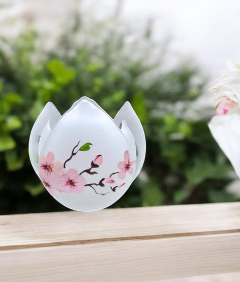 Frosted Glass Lotus Blossom Candle Holder, Hand Crafted in Ukraine, Cherry Blossom Design, Wonderful Year Round