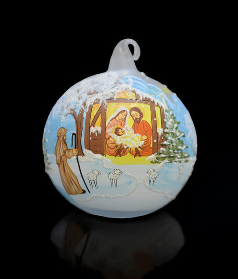 Frosted Blown Glass Ornament - Handcrafted - Nativity Design