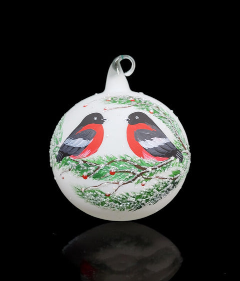 White Blown Glass Ornament - Handcrafted -  Charming Finches Design