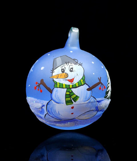 Light Blue Blown Glass Ornament - Handcrafted - Fat Snowman Design