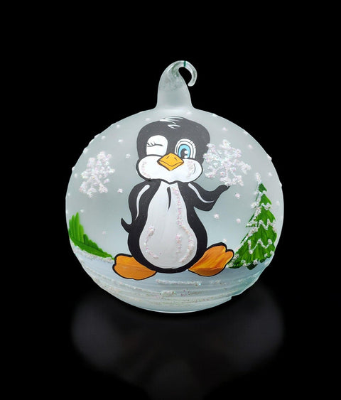 Frosted Blown Glass Ornament - Handcrafted - Charming Penguin Design