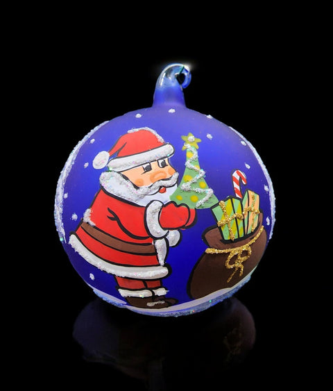 Blue Blown Glass Ornament - Handcrafted -  Santa Claus Design