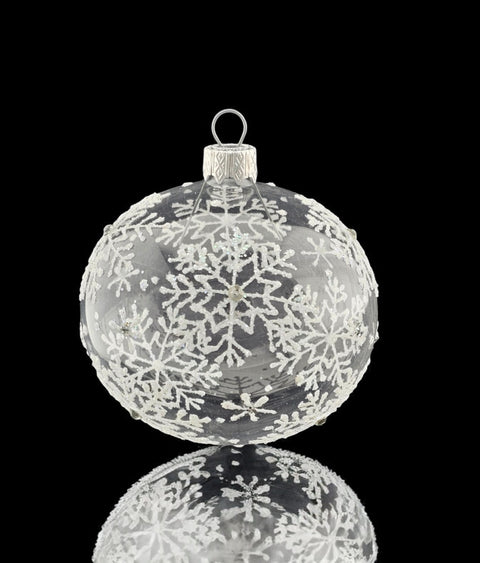 Clear Blown Glass Ornament - Hand Made In Ukraine - Clear Glass w Large Hand Painted Snowflake - Keepsake Ornament - Transparent Glass