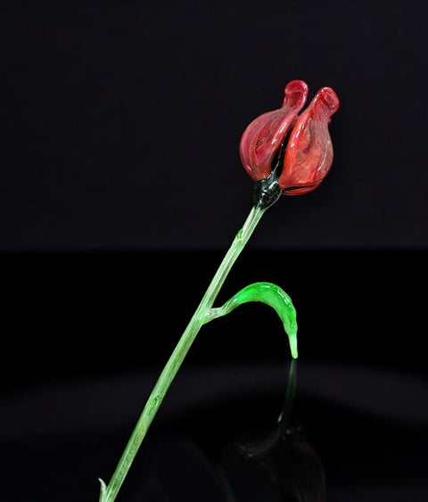 Red Glass Open Bulb Rose - Handcrafted Long Stem Flower