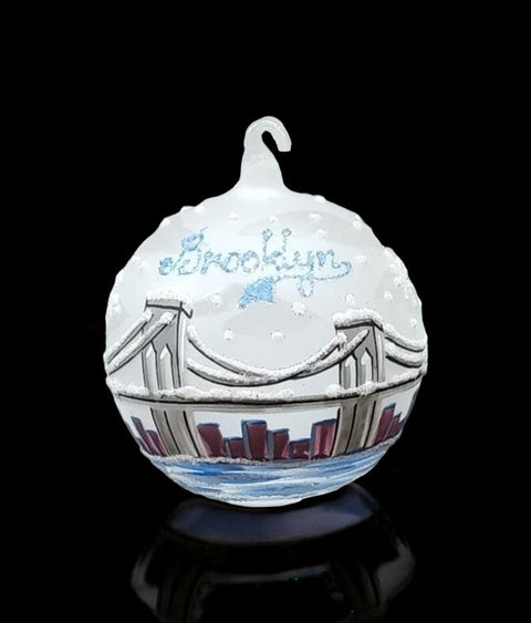 Frosted Blown Glass Ornament - Handcrafted - Brooklyn Bridge Design