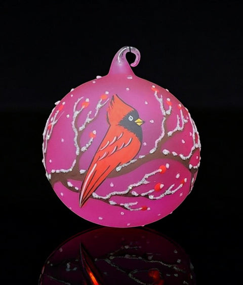 Pink Blown Glass Cardinal Ornament - Handcrafted - Red Cardinal Design