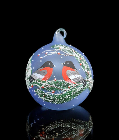 Light Blue Blown Glass Ornament - Handcrafted - Keepsake - Finches Design