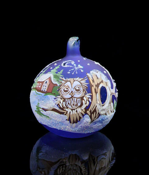 Blue Blown Glass Ornament - Handcrafted -  Charming Fun Owl Design