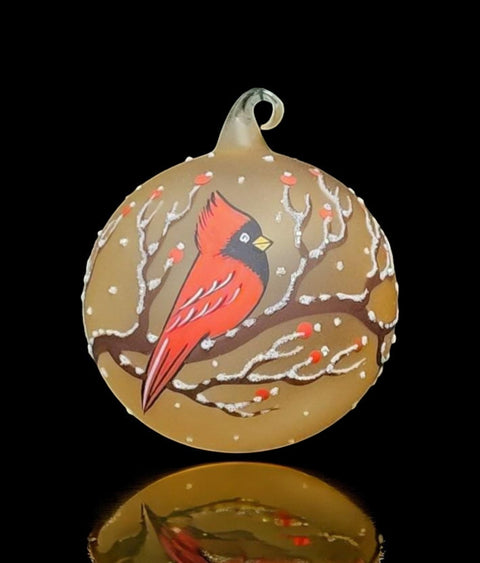 Yellow Blown Glass Ornament - Handcrafted - Red Cardinal Design