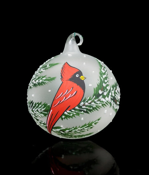 Frosted Blown Glass Ornament - Handcrafted - Red Cardinal Design