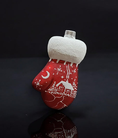 Hand Decorated Glass Keepsake Ornament - Charming Large Red Mitten Design